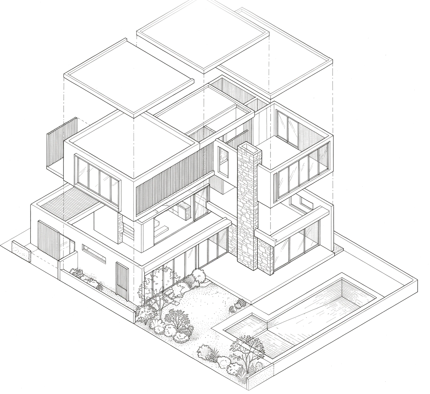 Exploded axonometric drawing of a contemporary home with the roof planes lifted.